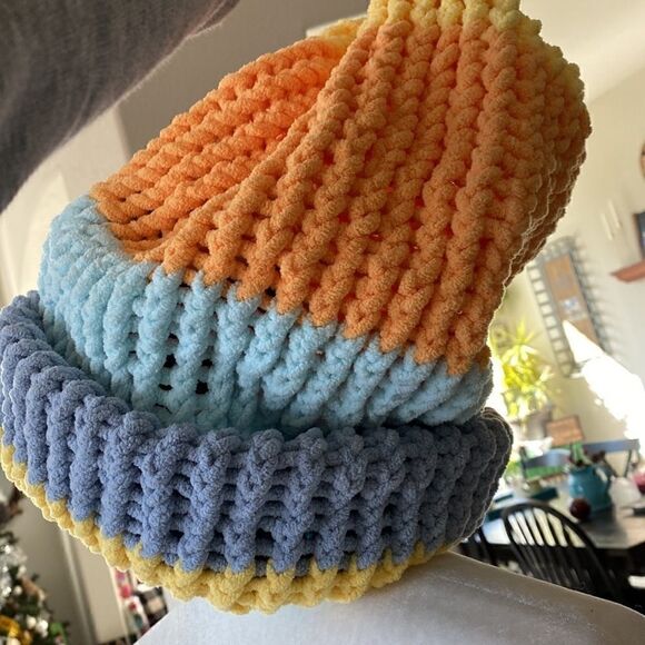 Oversized Colorful Hand-knitted Hat Blue Orange Yellow Crochet Artsy Fun - Picture 4 of 8